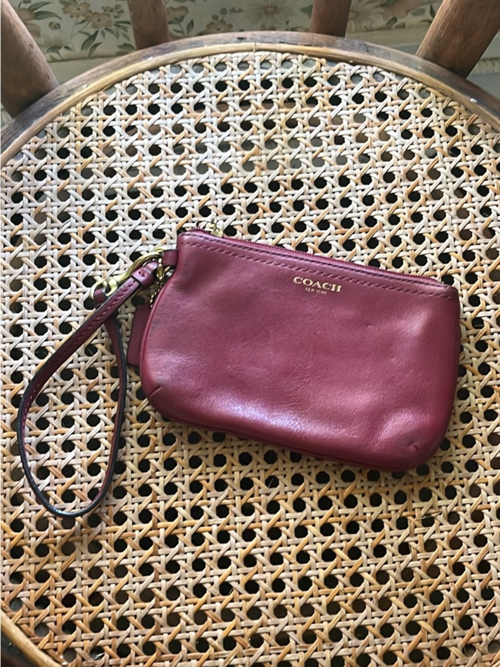 Coach Wristlet in Burgundy Leather with Gold Accent